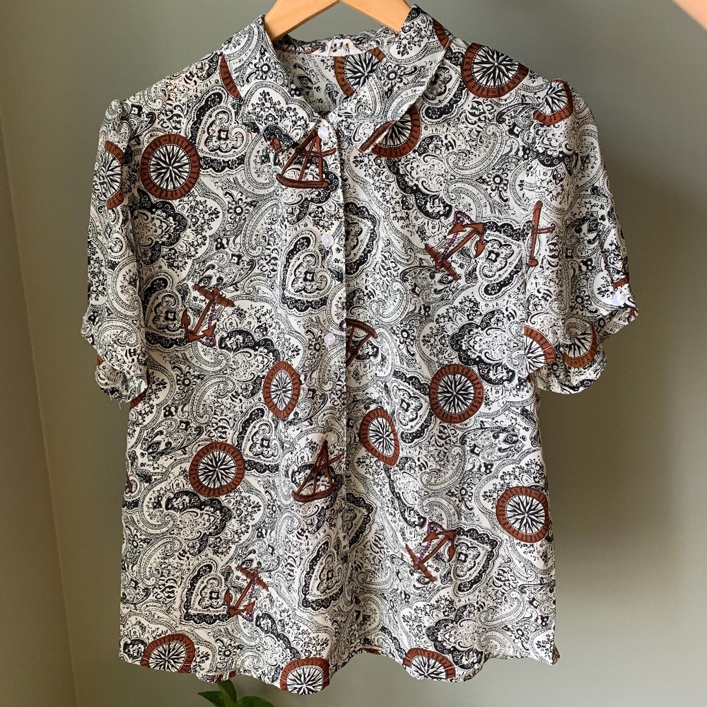 Vintage Lace & Nautical Print Blouse, Women's Shirt